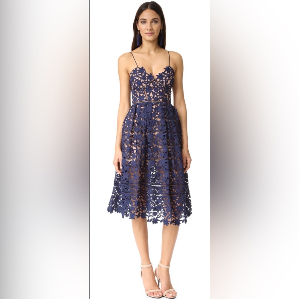 SELF-PORTRAIT NWT AZAELEA Navy Floral Lace Midi Dress with Spaghetti Straps